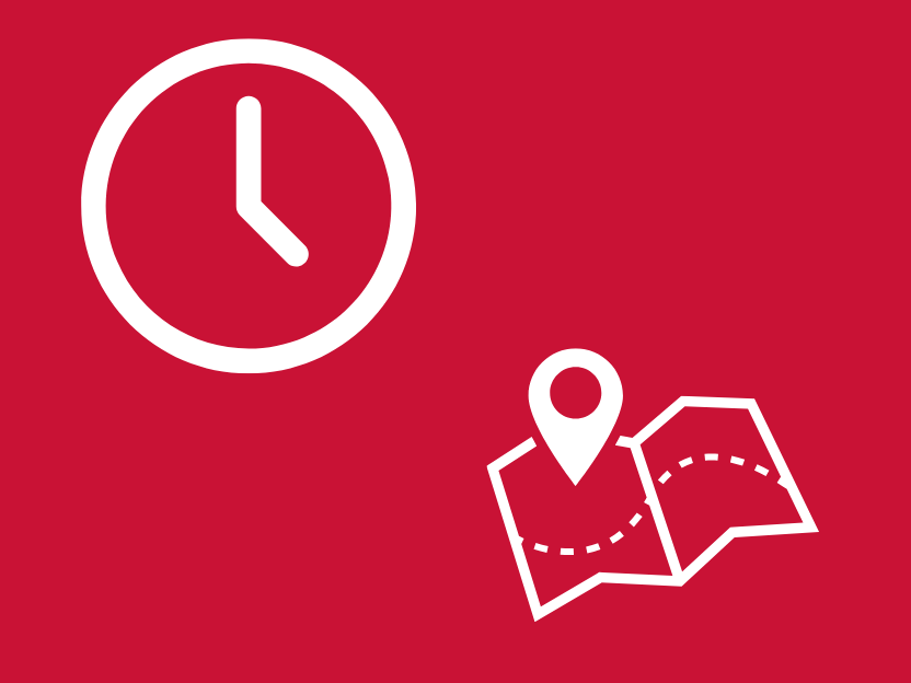 Marist red background with a clock and a map indicating location