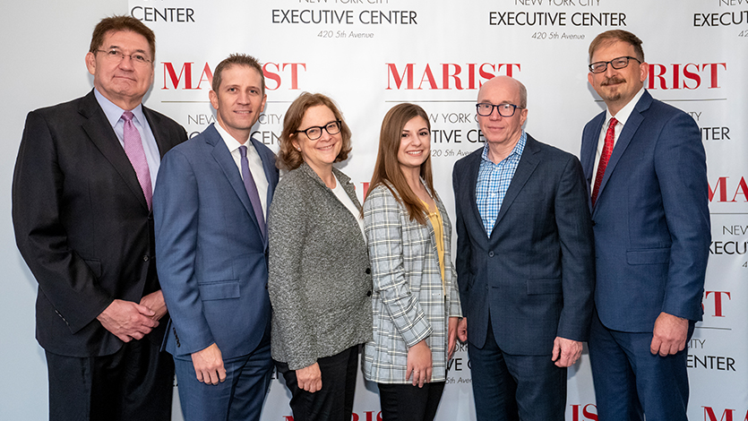 Pictured L-R: Dean of the School of Management Larry Singleton, Tom Murray '02, Clare McHugh, Jana Brzovski '21, Alan Murray, and Marist Executive Vice President Geoff Brackett.