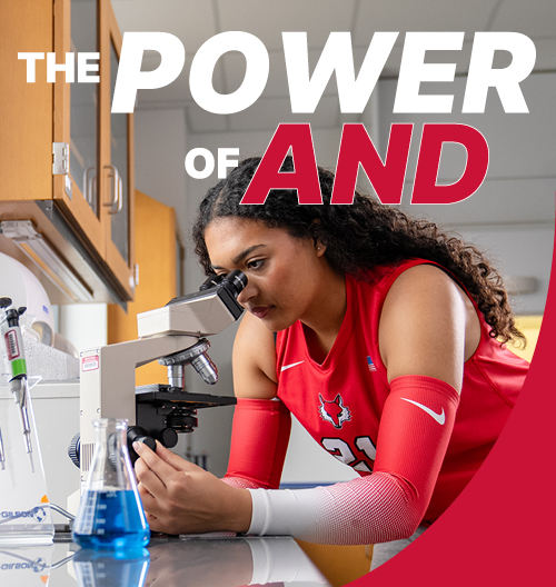 Image of Vallane Sneva looking into a microscope with "The Power of And" text overlaid.