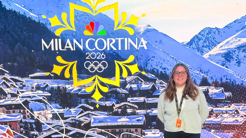 Marist University image: Cara Lacey '27M in the NBC Sports International Broadcast Center in Stamford, Connecticut during the Winter Olympics.