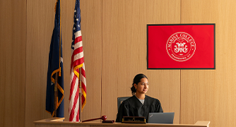 Marist University Summer Pre-College Pre-Law student in the mock court room.