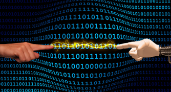 Image of a hand connecting with a robotic hand, representing artificial intelligence.