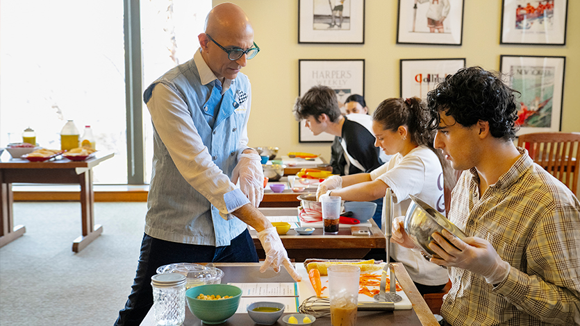 Image of Guest Chef Mehta helps students navigate the recipe. Photo by Carlo de Jesus/Marist University.