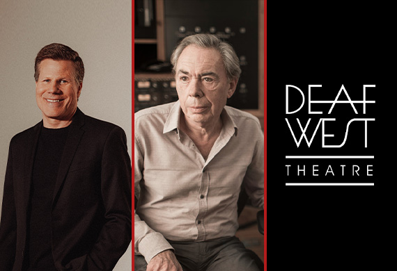 Image of Bill Rauch (left) and Andrew Lloyd Webber (center) with Deaf West Theatre logo on right.