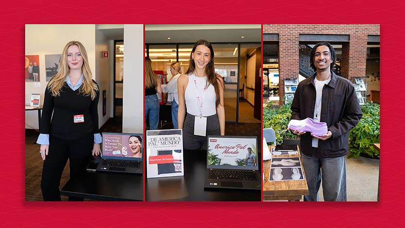 Side-by-side images of Kaitlin La Du '26, Alanna Roman '28, and Bryce Adams '28 presenting at the SCA Student Showcase.