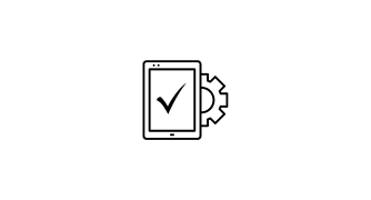 A white background with the image of a tablet with a check mark in black on it with half a gear behind the tablet