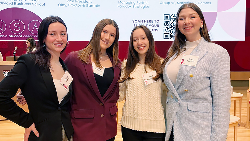 From left to right: Olivia Listro ’26, Kailey Levinson ’25, Kara Macdonald ’25, and Sara Brzovski ’26 attend the Women in Business conference at Harvard University. Photo courtesy of Katelyn Giordano.