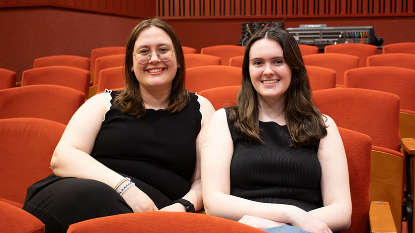 Theatre students Rhiannon Moline '25 and Molly Emmens '25 in the Nelly Goletti Theatre. Photo by Karissa Lattin ’25.