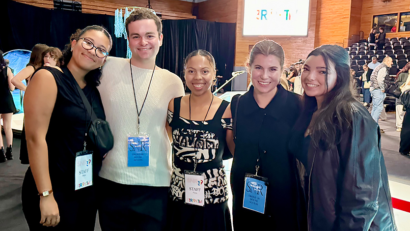 Image of  Valincia Hill ’26, Gavin Gilooly ’26, Cassie Williams ’27, Lauren Lagasse ’25, and Cira Shaw ’26 working at SNR39.