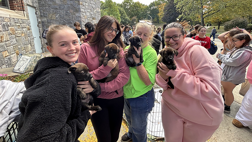 Image of students holding up puppies.