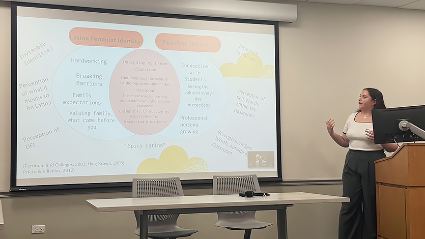 Image of Jazmin Khraishi ’26 presenting research at the New York State Foundation of Education Association's 51st annual conference.