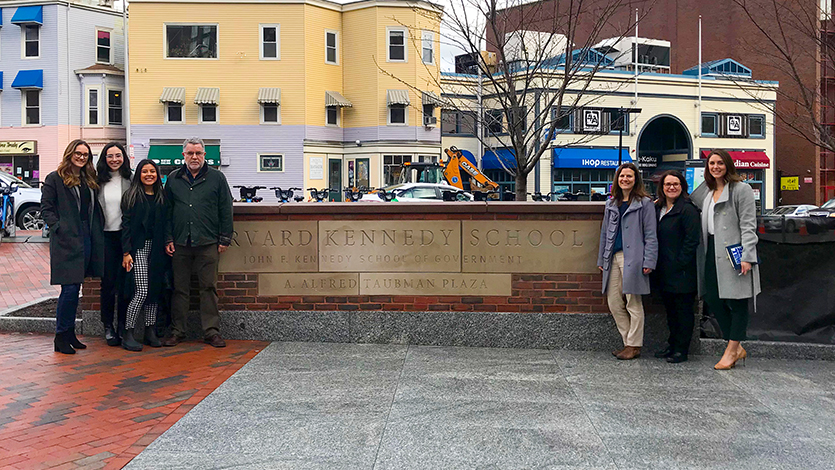 (l-r) Julia McCarthy ’19, Gabrielle Salko ’21, Pamela Armas ’20, Trustee James Honan ’78, Jessica Boscarino, Melissa Gaeke, Kelsey Donohue ’13