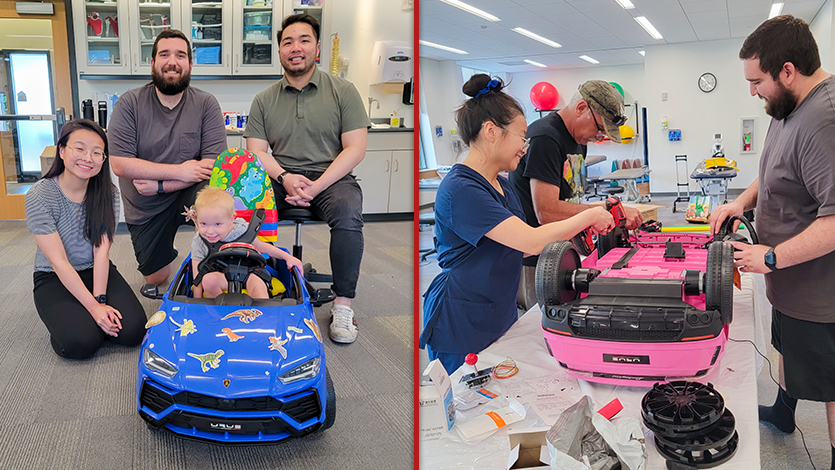 image of: Left Photo: (L-R) DPT Students Sharon Qu, Ryan Hayes, and Felix Foo pose with a child recipient. Right photo: DPT students Sharon Qu and Ryan Hayes modify a car for donation with help from volunteer engineer John Egitto.  Photos courtesy of Dr. Yvonne Egitto