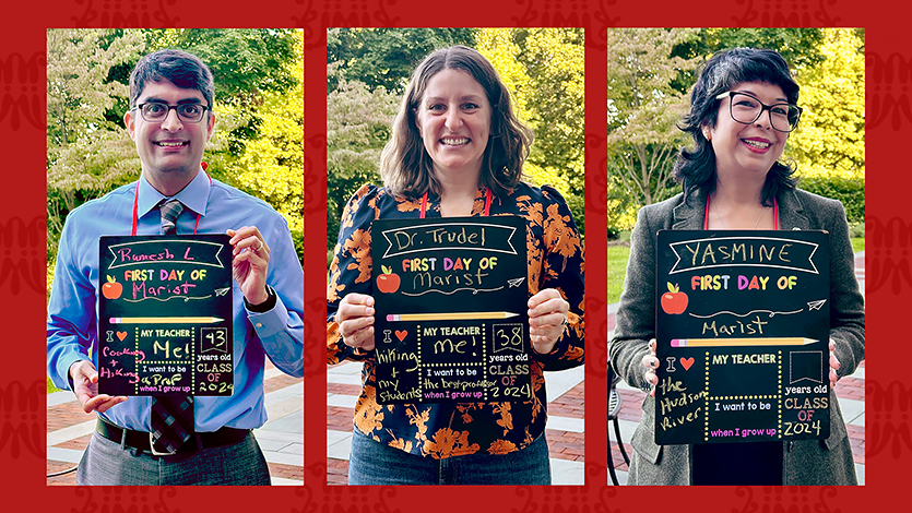 Image of New faculty Dr. Ramesh Laungani, Dr. Sierra Trudel, and Dr. Yasmine Awais, have some fun during orientation. Photos by Megan Dwyer/Marist College.