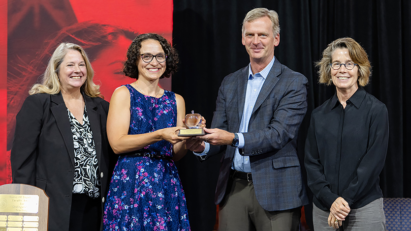 Image of Dr. Patricia Tarantello (second from left), joined by President Kevin Weinman, Dr. Leigh Graham (far left), and Provost Catherine Gunther Kodat (far right).
