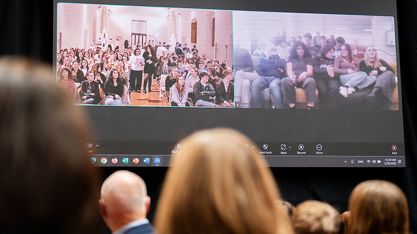 Image of students participating on Zoom from Marist campuses in Florence and Dublin.