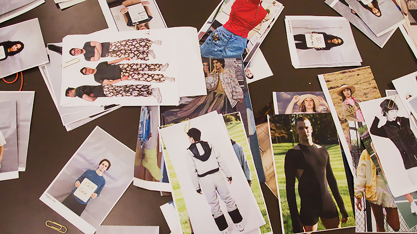 Image of printed photos from model casting, design inspirations, and senior collection photoshoots.