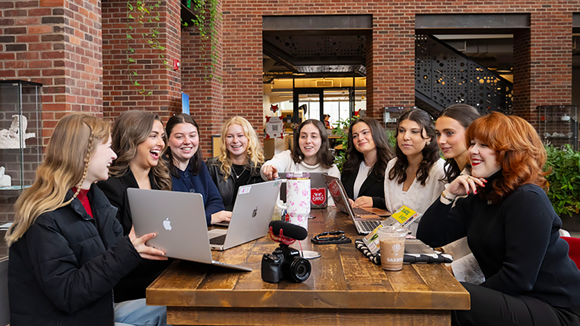 Image of the senior Silver Needle Runway Student Directors (left to right): Emily Sumner, Blythe Weninger, Lena Tsourides, Madison Kasun, Mabel Aronson, Chloe McCormack-Falk, Ashley Wickersheim, Emma Winkler, Christina Fitzpatrick. Photo by Carlo de Jesus/Marist University.