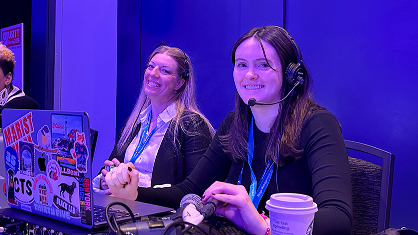 Image of Molly Emmens ’25 stage managing the Legacy Celebration with her mentor Evangeline Whitlock, a professional off-Broadway stage manager