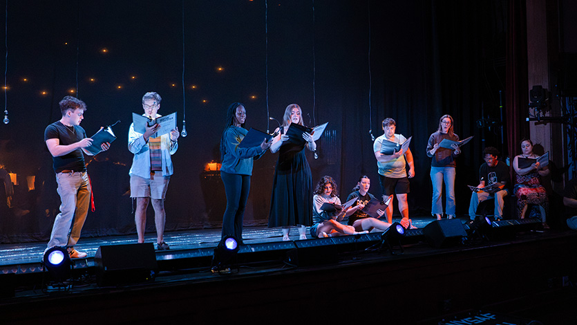 Image of The Marist Singers rehearse ahead of NONE at the Nelly Goletti Theatre at Marist University. 