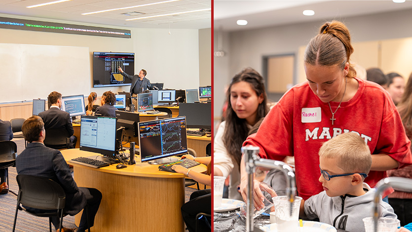 Side-by-side image of students in the Schlobach Investment Center and The Evelyn M. Davies Teaching Methods Lab