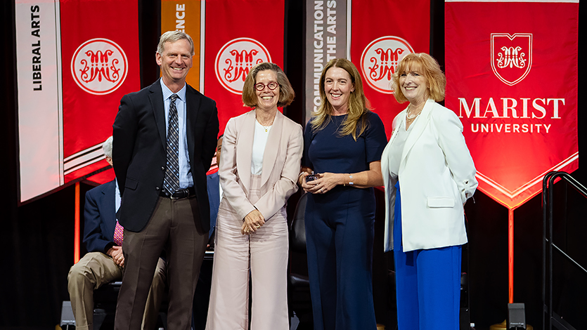 Image of Dr. Carolyn Matheus (second from right) is honored with the Board of Trustees’ Faculty Award for Distinguished Teaching. She is joined by Marist University President Kevin Weinman, Provost and Dean of Faculty Dr. Catherine Gunther Kodat (second from left), and Dr. Beth Quinn (far right), Associate Professor Emerita of Psychology. Photo by Nelson Echeverria/Marist University.