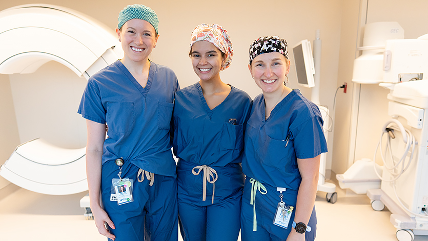 From Left: Clinical Preceptor and PA-C Danielle Mazzeo, Marist PA student Valerie DeLeon, and PA-C Raechel Bayuzick pose for a portrait outside Vassar Brothers Medical Center’s surgical suites.