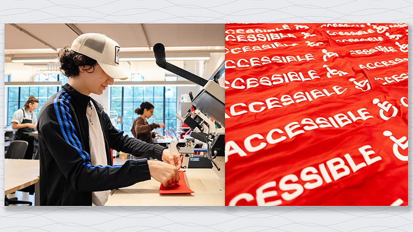 Side-by-side images of Dimitri Rios working in the Maker Lab and the redesigned accessibility bands.