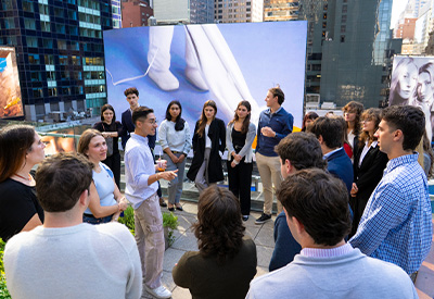Image of students on rooftop terrace of Paramount offices in Times Square.