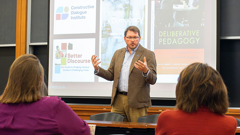 Marist University Photo: Dr. Timothy Shaffer at Creating Space for Democracy event in the Dyson Center. Photo by Alexandra Rossi/Marist University