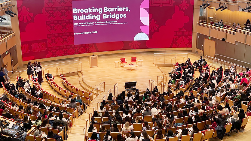 From left to right: Olivia Listro ’26, Kailey Levinson ’25, Kara Macdonald ’25, and Sara Brzovski ’26 attend the Women in Business conference at Harvard University. Photo courtesy of Katelyn Giordano.