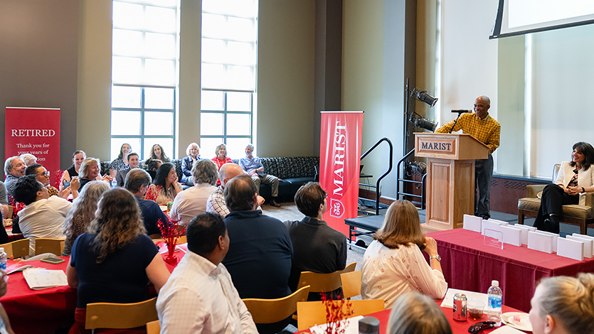 Image of Professor of Computer Science Dr. Ron Coleman is honored for his impactful career at Marist during the recent celebration in the Cabaret. 