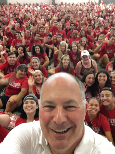An image of President David Yellen and the Class of 2020 in the McCann Center's Grey Gym