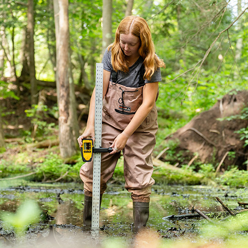 Marist University image: Kristen Fitzgibbon '26 measuring water levels of a vernal pool for Scenic Hudson.