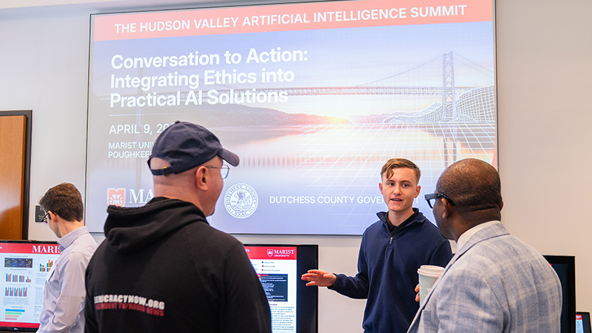 Image of student presenting at The Hudson Valley Artificial Intelligence Summit hosted on campus. 