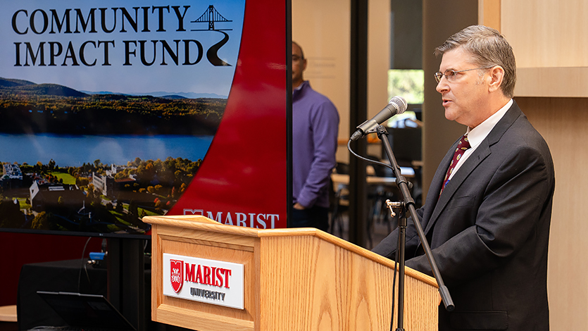 Image of Dr. Jim Melitski addresses the crowd at the Community Impact Fund launch event. Photo by Nelson Echeverria/Marist University. &nbsp;