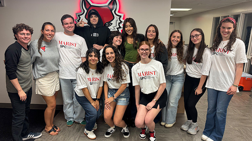 Image of Parker, Gavin, and the SPC executive board welcoming comedian Michael Longfellow to campus for Welcome Week. Photo courtesy of Gavin Gilooly '26. 