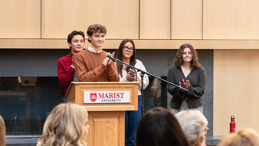 Image of Students involved in the Community Impact Fund applaud local partners during the program’s launch event. Photo by Nelson Echeverria/Marist University.&nbsp;