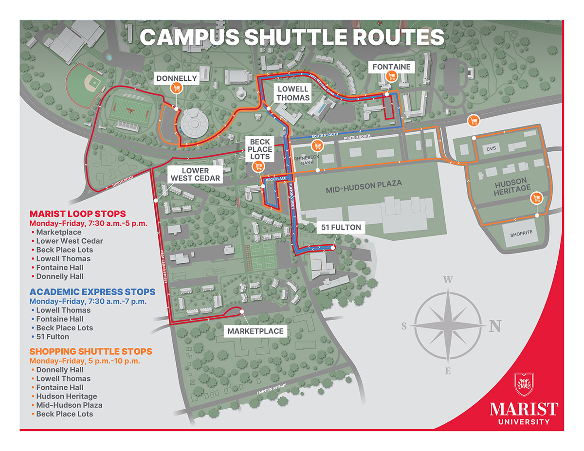 Image of the Marist Shuttle map with red, blue, and orange routes.