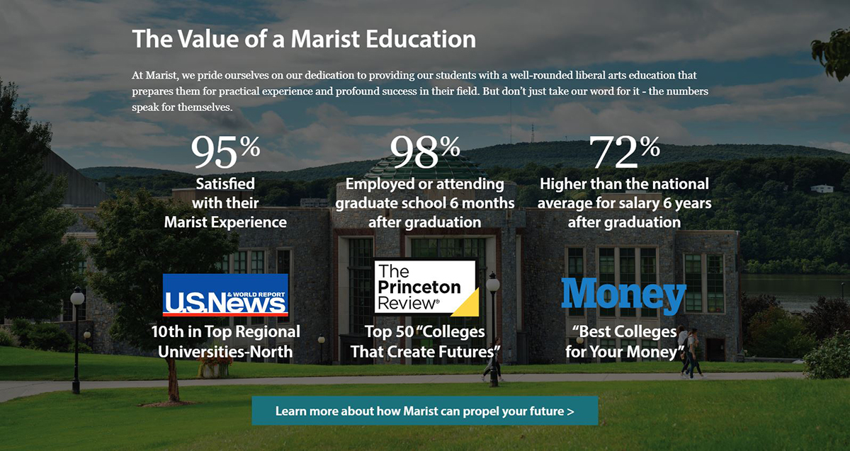 The Value of a Marist Education: At Marist, we pride ourselves on our dedication to providing our students with a well-rounded liberal arts education that prepares them for practical experience and profound success in their field. But don't just take our word for it - the numbers speak for themselves. 95% of students are satisfied with their Marist experience. 98% of students are employed or attending graduate school within 6 months after graduation. Marist student salary is 72% higher than the national average for salary 6 years after graduation. US News and World Report has ranked Marist 10th in Top Regional Universities-North. The Princeton Review has ranked Marist within the Top 50 Colleges That Create Futures. Money Magazine has ranked Marist a "Best College for your Money."