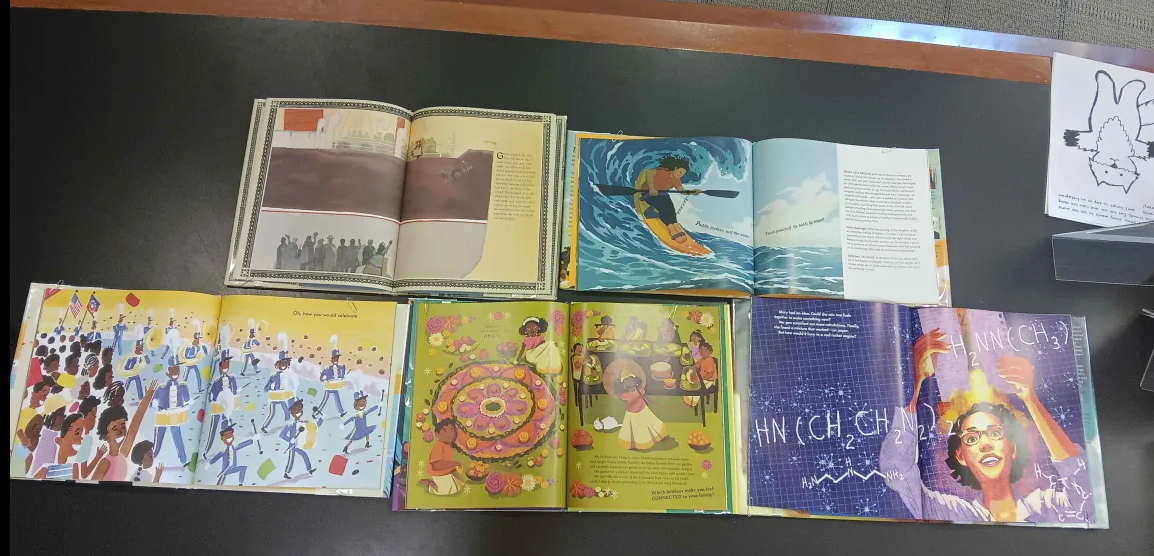 The inside of 5 different picture books showing different pages. 