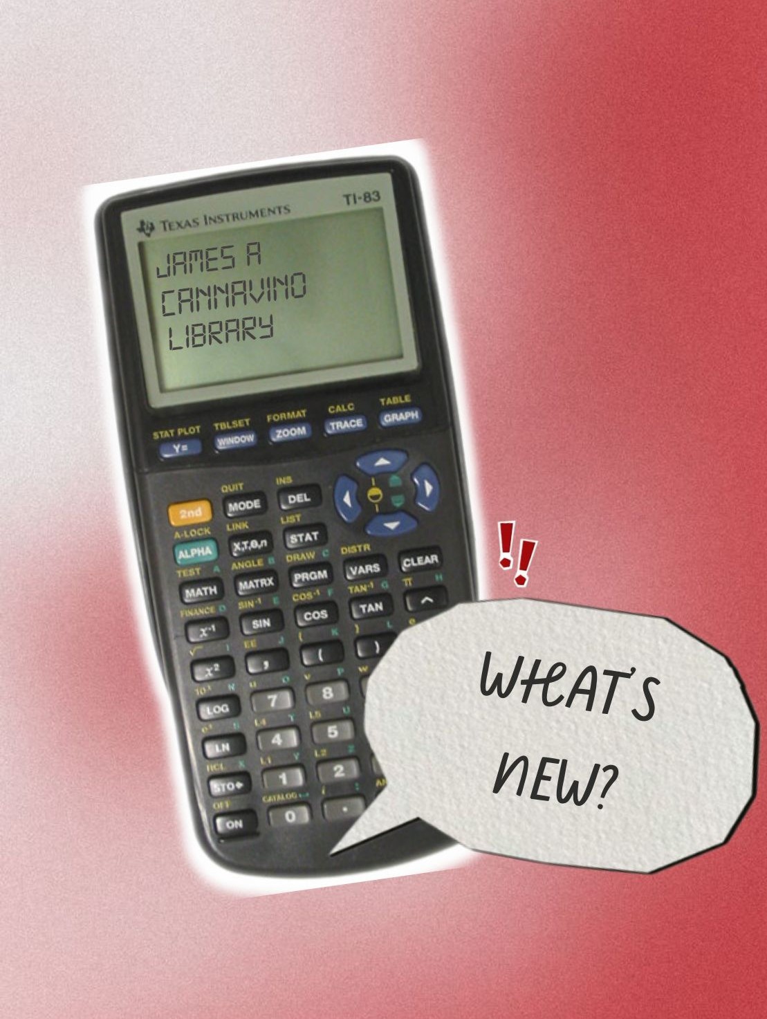 An image of a TI-83 graphing calculator with a speech bubble, asking "What's New?"
