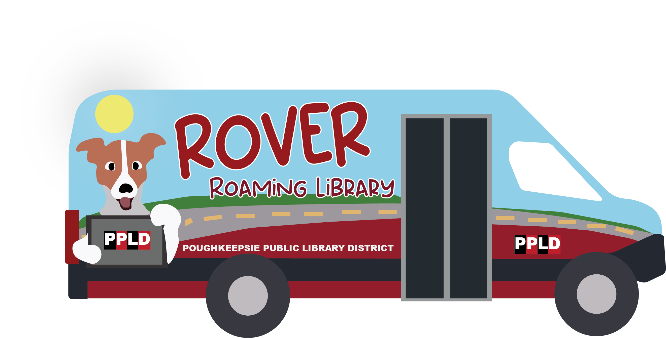 Shows the Rover bookmobile van with Rover the dog on the side